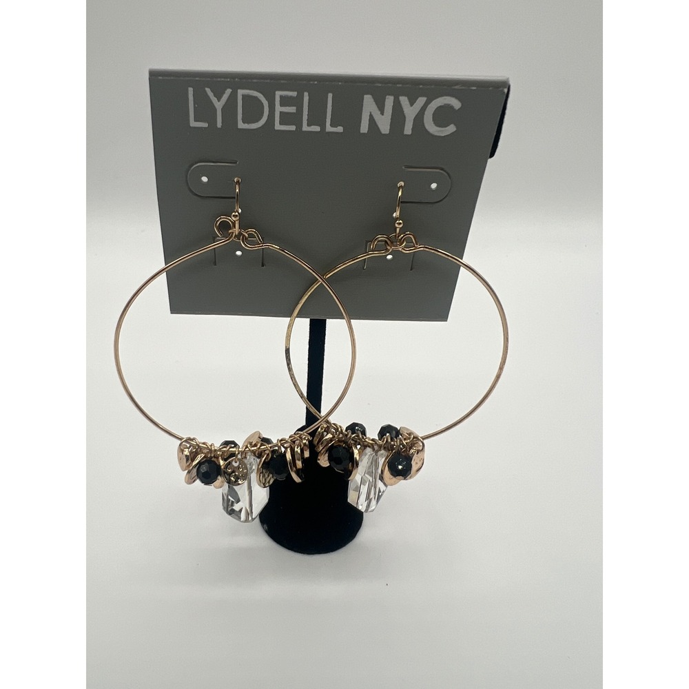 Lydell NYC Gold Tone Hoop Earrings Crystal Black Bead Hammered Disc Charms